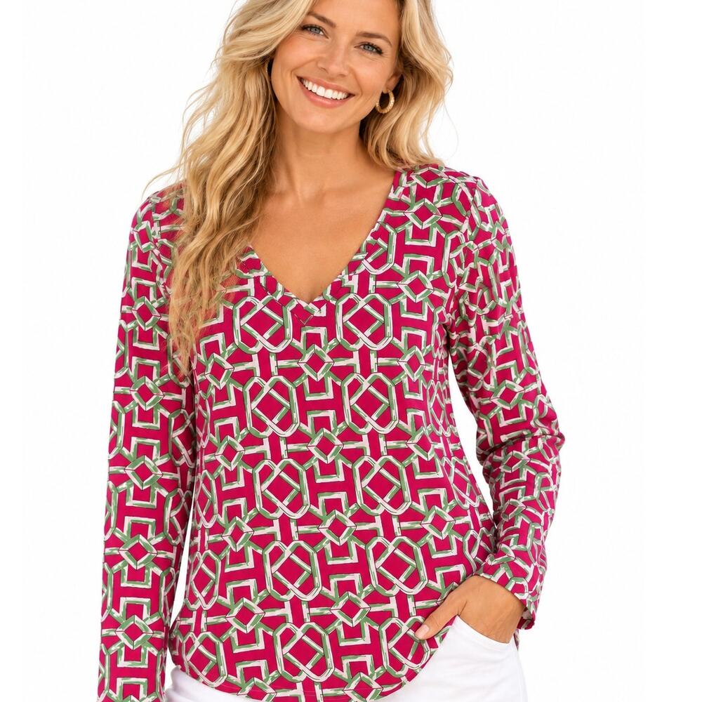 Icikuls Performance Top Womens XL Pink Geometric UPF 50+ V-Neck Golf Tennis